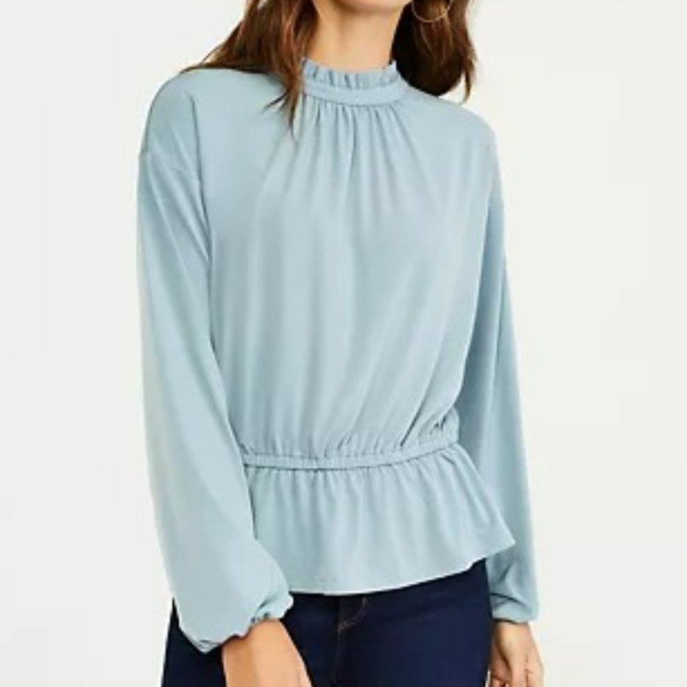 Ann Taylor Gathered Waist Ruffle Neck Top
